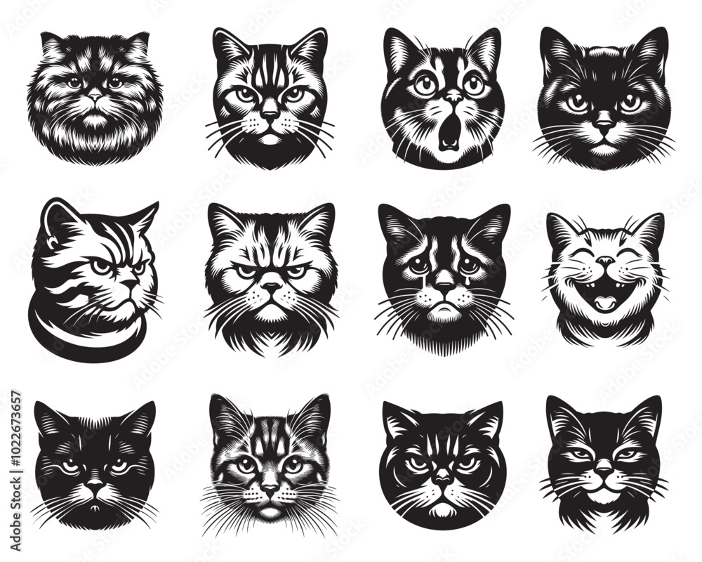 Obraz premium Set of American Shorthair Cat face Vector illustration - American Shorthair Cat Clipart Design 