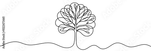 Continuous line drawing of tree. One line drawing background. Vector illustration. Single line tree icon.