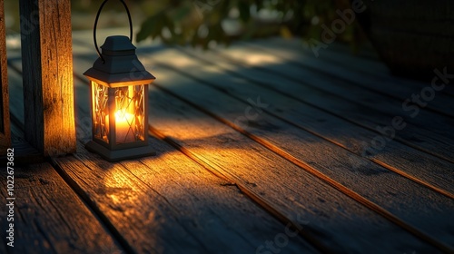 Lantern with warm light on wooden deck at dusk