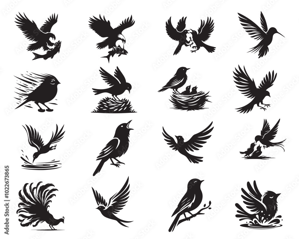 Obraz premium Collection of Bird Vector illustrations, Bird Silhouettes Clipart Design