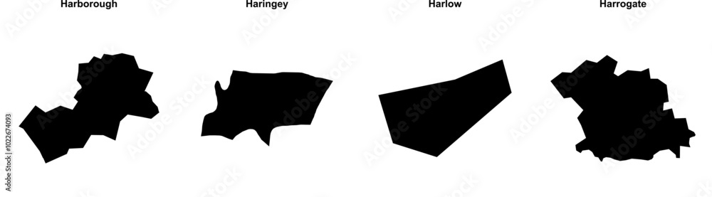 Harborough, Haringey, Harlow, Harrogate outline maps Harborough, Haringey, Harlow, Harrogate outline maps
