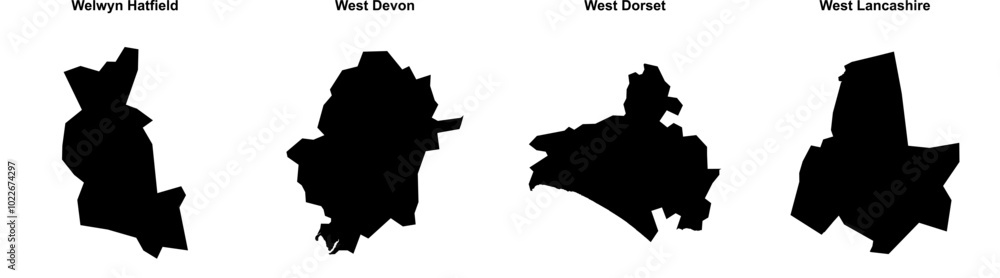 Welwyn Hatfield, West Devon, West Dorset, West Lancashire outline maps Welwyn Hatfield, West Devon, West Dorset, West Lancashire outline maps