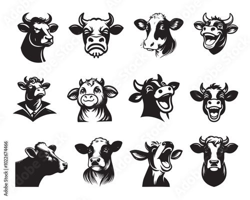 Set of Cow face Vector illustration in black and white, Cattle Silhouette Design, Cow Logo Design
