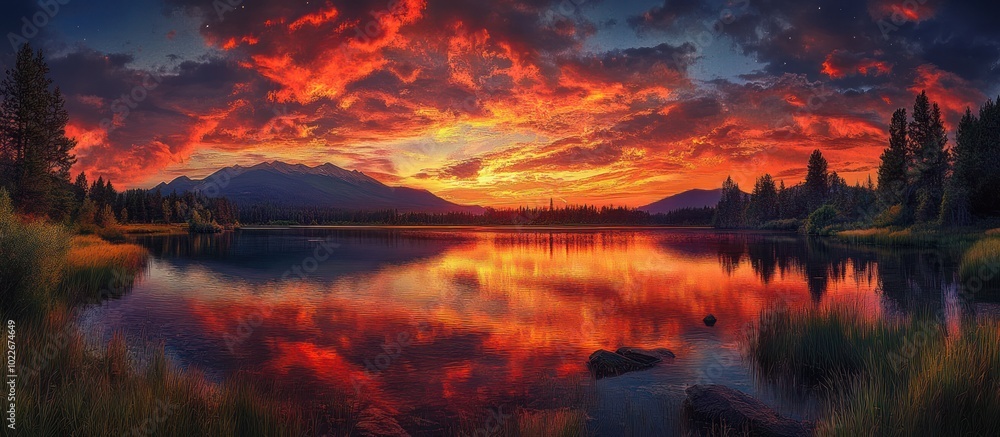 Obraz premium A vibrant sunset over a tranquil lake, reflecting fiery clouds and a mountain range in the distance.
