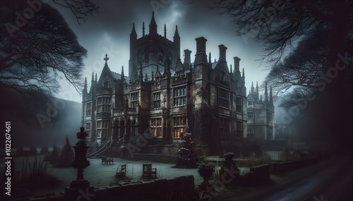 spooky gothic Yorkshire manor at Christmas from afar photo