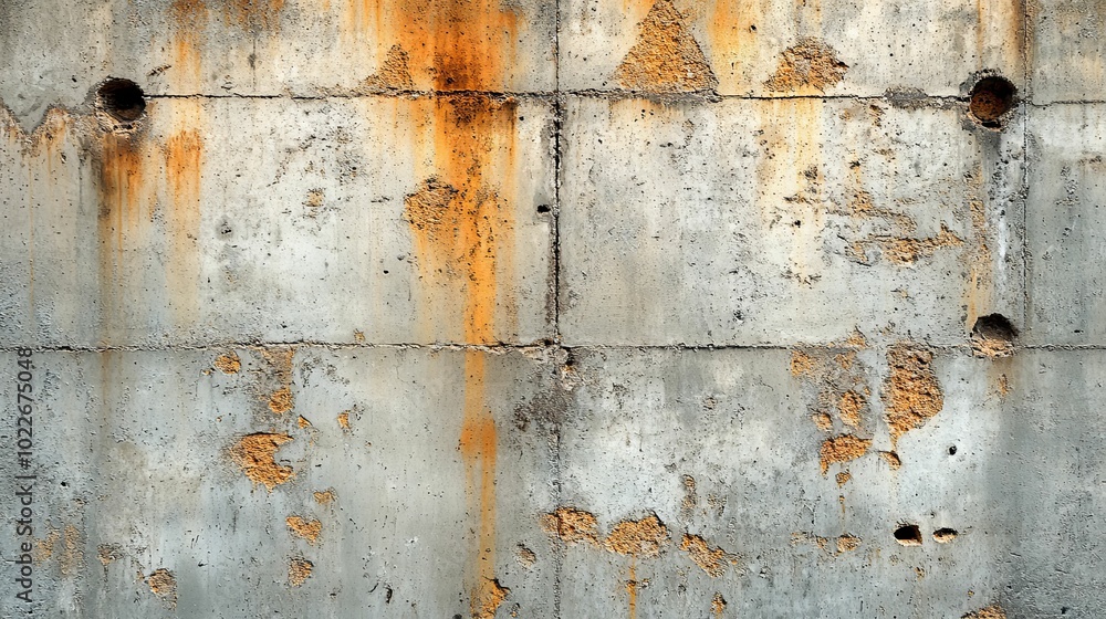 Weathered Concrete Wall with Rust Stains and Holes Weathered Concrete Wall with Rust Stains and Holes