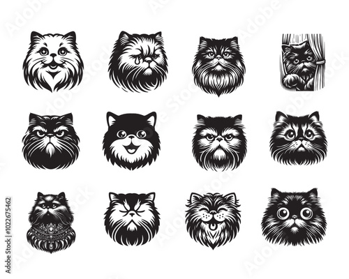 Collection of Persian  Cat face Vector illustration - Persian Cat Clipart Logo Concept Design