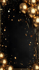 3d golden balloons frame on black background. Birthday card with copy space