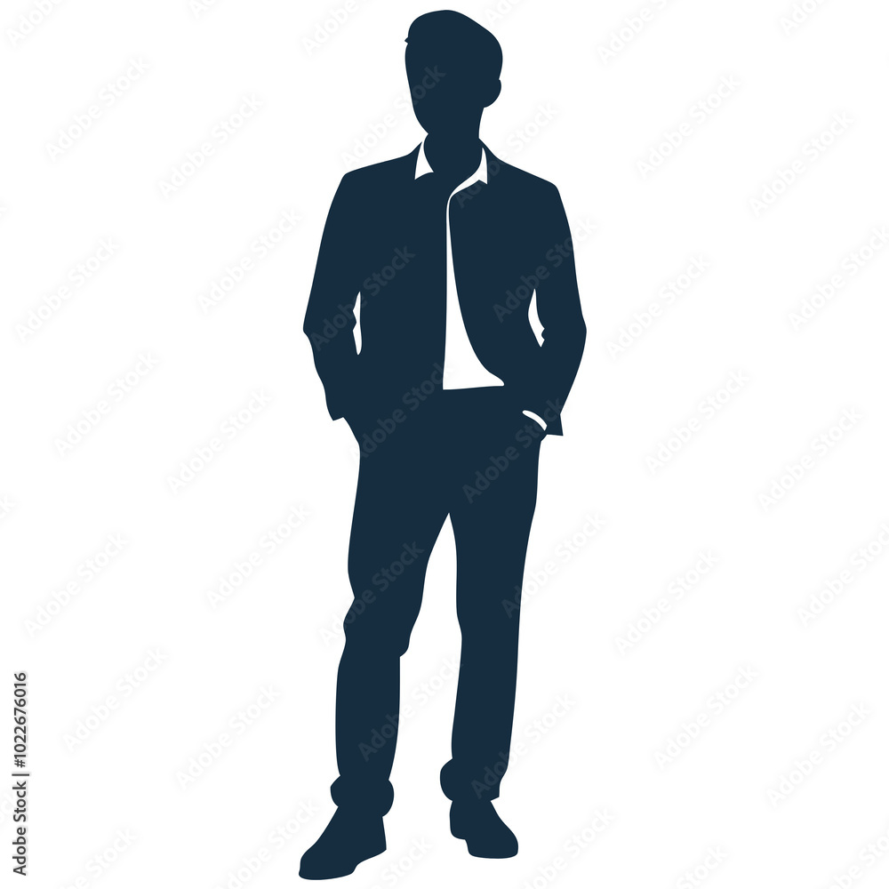 Vector image on transparent background of a silhouette of a single person standing with hands in pockets, looking relaxed Vector image on transparent background of a silhouette of a single person standing with hands in pockets, looking relaxed