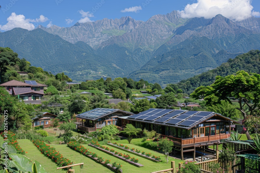 A stunning view of a mountain village with lush greenery and a traditional house featuring solar panels.
