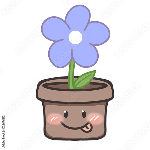 A simple cartoon illustration of a blue daisy flower blooming in a flowerpot with green leaves, representing springtime and growth, ideal for nature or gardening themes