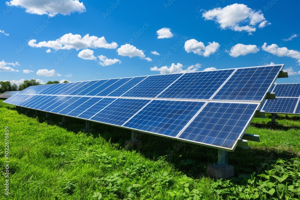 A field of solar panels captures the sun's energy on a bright, clear day. A field of solar panels captures the sun's energy on a bright, clear day.