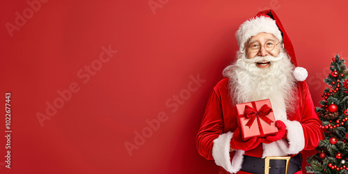 happy santa claus holding gift near christmas tree with copy space on red wall