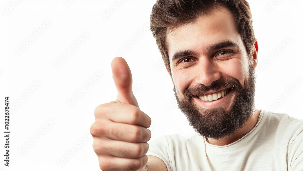Smiling man with a beard showing a thumbs-up gesture, isolated on a white isolated background, in close-up. Smiling man with a beard showing a thumbs-up gesture, isolated on a white isolated background, in close-up.