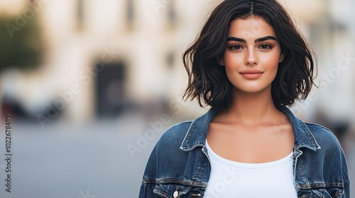 A young woman with curly hair wears a denim jacket and smiles confidently in an urban setting.