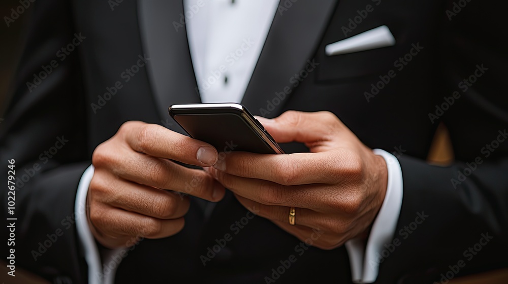A suave gentleman in a tuxedo checks his phone, effortlessly blending elegance with modern technology in a refined setting. A suave gentleman in a tuxedo checks his phone, effortlessly blending elegance with modern technology in a refined setting.