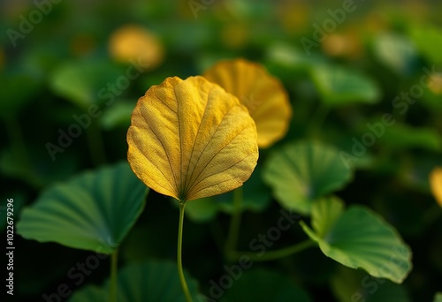 A Single Golden Ginkgo Leaf Shining Brightly Among Greenery, Emphasizing its Rare Beauty and Intricate Details in Nature