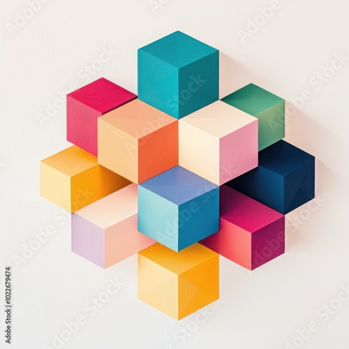 Colorful geometric cubes arranged in an attractive pattern, white isolated background.