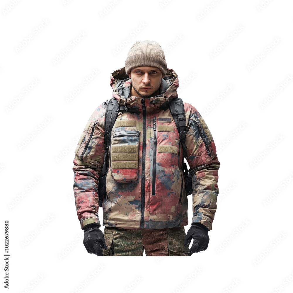 Man in Camouflage Jacket and Backpack, Ready for Adventure Man in Camouflage Jacket and Backpack, Ready for Adventure