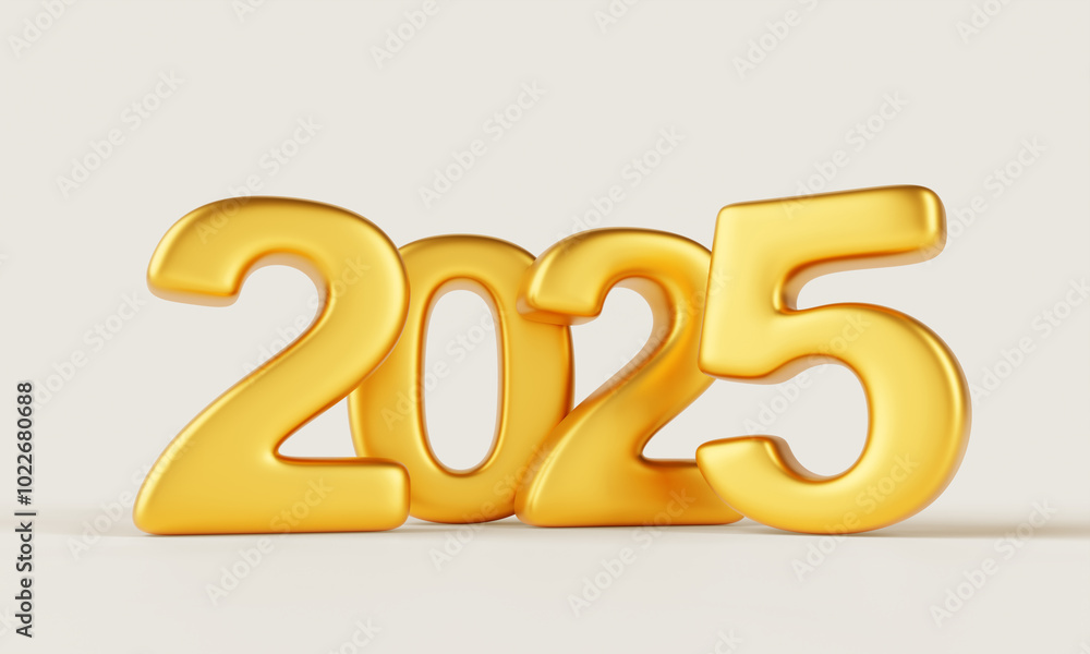 2025 Happy New Year golden number design on white background 3d render. Elegant gold metal font typography for poster, banner, calendar, greeting card and Christmas celebration 2025. 3D illustration 2025 Happy New Year golden number design on white background 3d render. Elegant gold metal font typography for poster, banner, calendar, greeting card and Christmas celebration 2025. 3D illustration