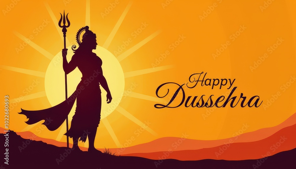 Regal Lord Rama silhouette standing strong with sunburst background and elegant Happy Dussehra text creating a majestic festival greeting. Regal Lord Rama silhouette standing strong with sunburst background and elegant Happy Dussehra text creating a majestic festival greeting.