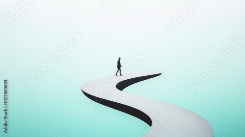 A lone figure walking on a path that loops back on itself, creating an impossible loop of time. photo