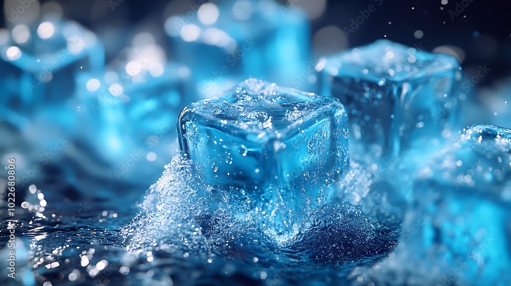 Close-up of ice cubes melting in water with bubbles and water droplets. Close-up of ice cubes melting in water with bubbles and water droplets.