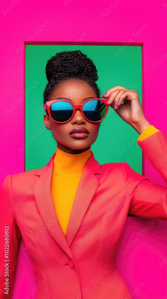 A stylish woman in vibrant attire poses confidently, showcasing colorful sunglasses against a bright pink backdrop. A stylish woman in vibrant attire poses confidently, showcasing colorful sunglasses against a bright pink backdrop.