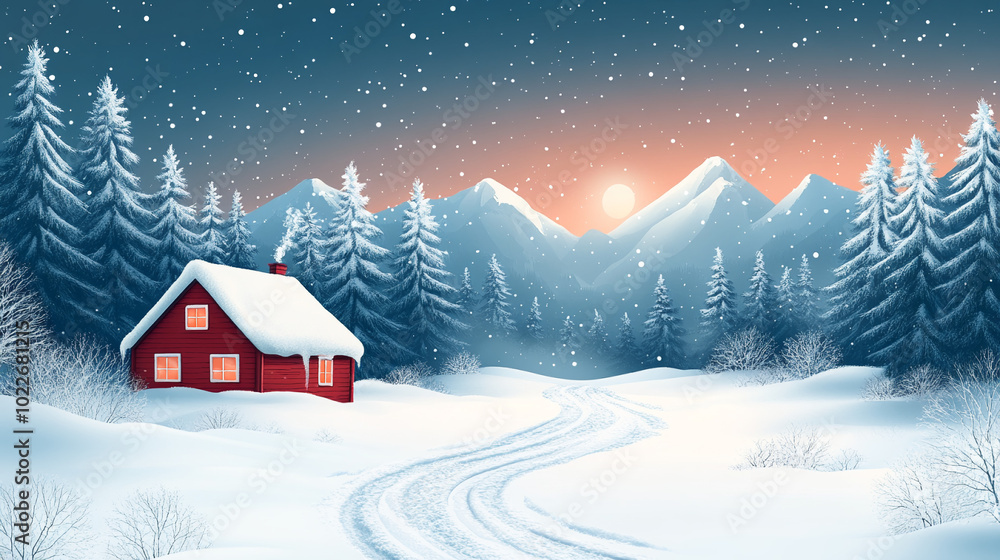 winter christmas background with Cozy mountain cabin surrounded by snow-capped peaks winter christmas background with Cozy mountain cabin surrounded by snow-capped peaks