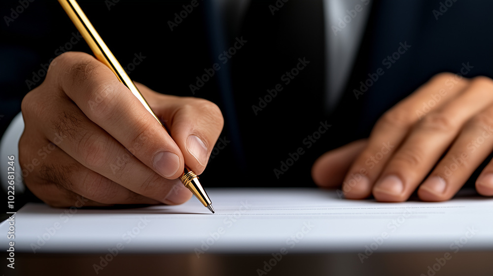 Close-up of male hands signing a document with a golden pen in office, details of document dissolving in soft focus. Close-up of male hands signing a document with a golden pen in office, details of document dissolving in soft focus.