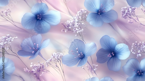 Soft bluebells and baby’s breath in pastel shades of light blue, lavender, and white, gently intertwined in a seamless repeating pattern, hd quality, intricate petal details, soft glowing light,