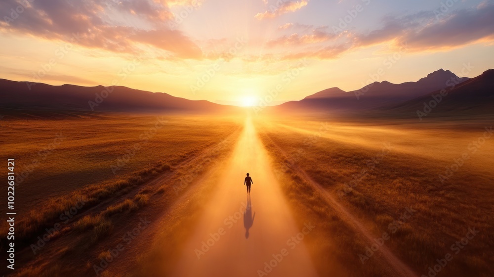 A person shadow stretches long on a dusty road, illustrating the journey of self discovery and exploration. A person shadow stretches long on a dusty road, illustrating the journey of self discovery and exploration.