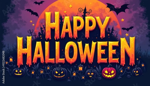 Halloween background with text Happy Halloween. Colorfull poster in cartoon style