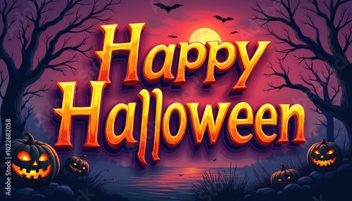 Halloween background with text Happy Halloween. Colorfull poster in cartoon style