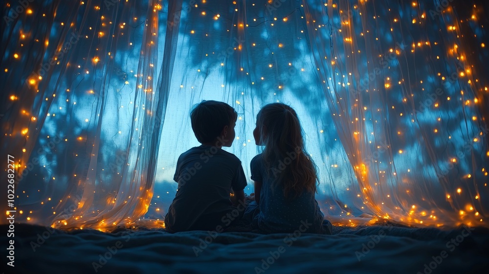 Two children sitting together in front of a backdrop of glowing lights, evoking wonder. Two children sitting together in front of a backdrop of glowing lights, evoking wonder.