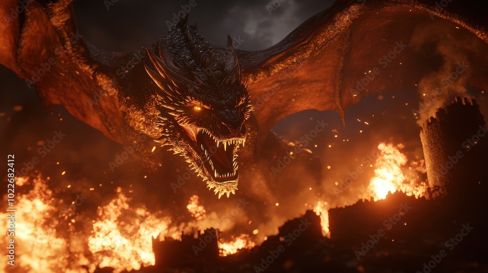 Fototapeta premium A majestic and fearsome dragon roaring and breathing fire, surrounded by blazing flames and debris