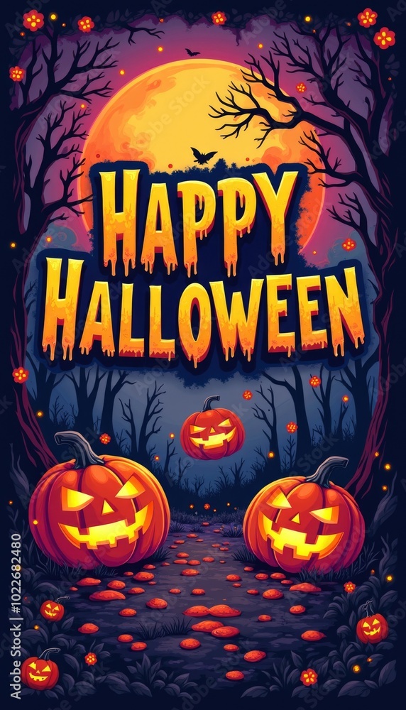 Halloween background with text Happy Halloween. Colorfull poster in cartoon style Halloween background with text Happy Halloween. Colorfull poster in cartoon style