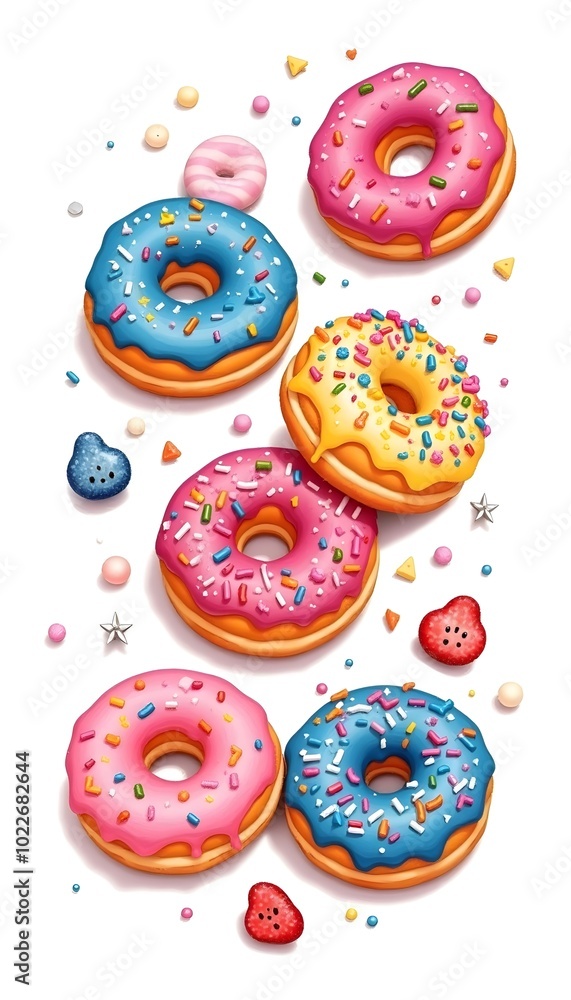 Multicolored glazed donuts with sprinkles on a white background Multicolored glazed donuts with sprinkles on a white background