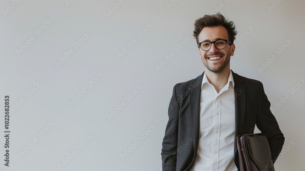 Happy and confident English man with a dark brown document case in his hand against White wall waiting in formal dress in office environment , Best Job Candidate Happy and confident English man with a dark brown document case in his hand against White wall waiting in formal dress in office environment , Best Job Candidate