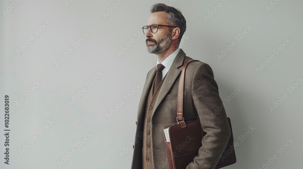 Fototapeta premium Happy and confident English man with a dark brown document case in his hand against White wall waiting in formal dress in office environment , Best Job Candidate