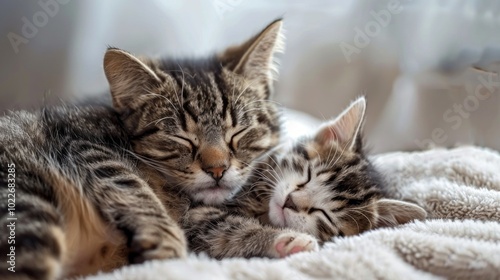 Two kittens are sleeping on a bed