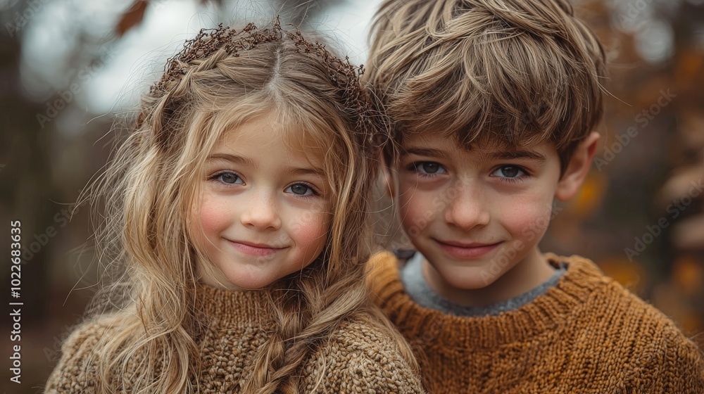 Two children smiling together in cozy sweaters amidst a natural setting. Two children smiling together in cozy sweaters amidst a natural setting.
