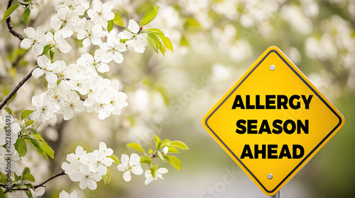 Yellow Diamond-Shaped Road Sign with 'ALLERGY SEASON AHEAD' Text Near Flowering Plant in Natural Outdoor Setting