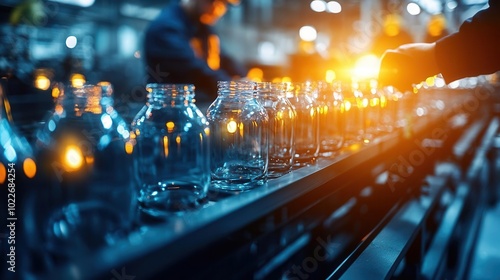 Factory workers inspecting freshly molded glass bottles, glass production process, industrial inspection