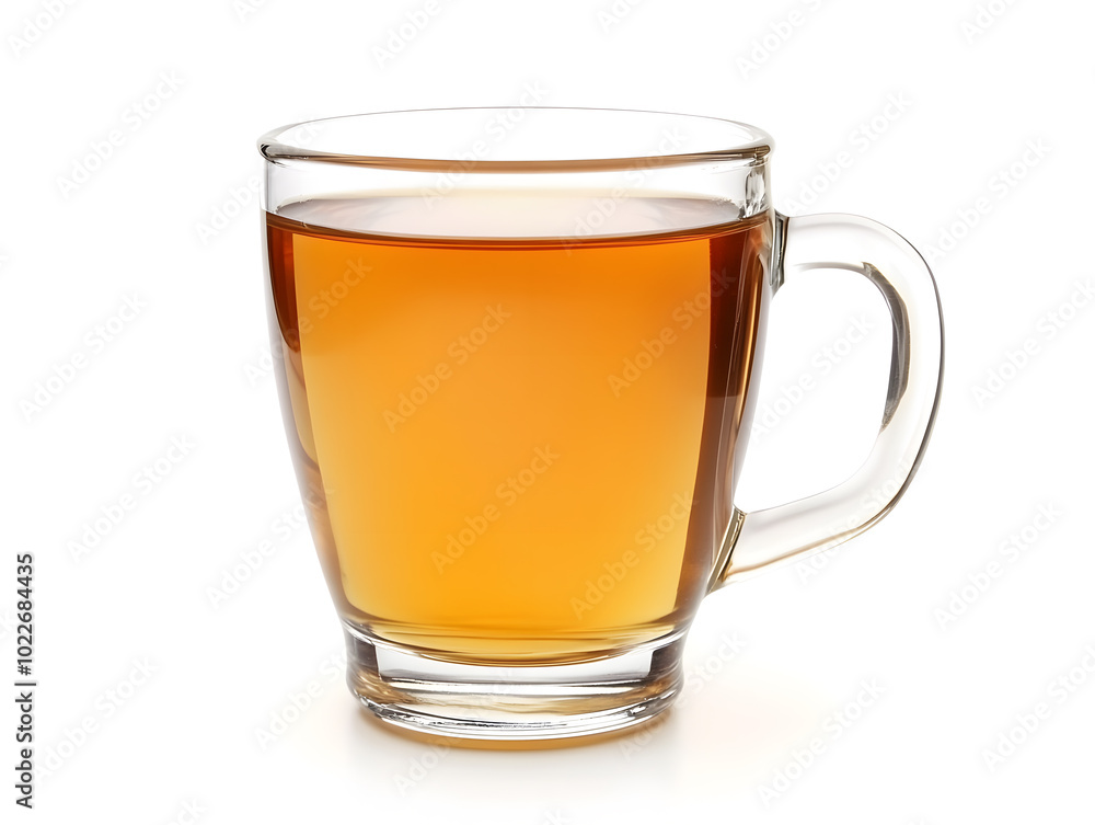 A clear cup with a handle filled with apple juice, isolated on white background A clear cup with a handle filled with apple juice, isolated on white background