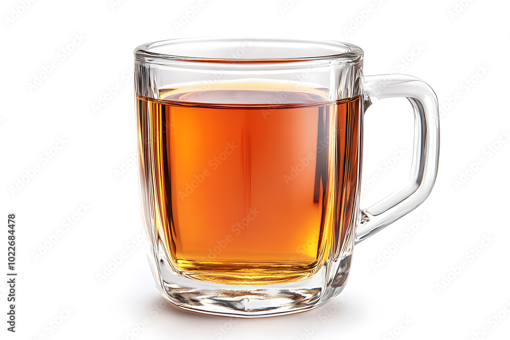 A clear cup with a handle filled with apple juice, isolated on white background A clear cup with a handle filled with apple juice, isolated on white background