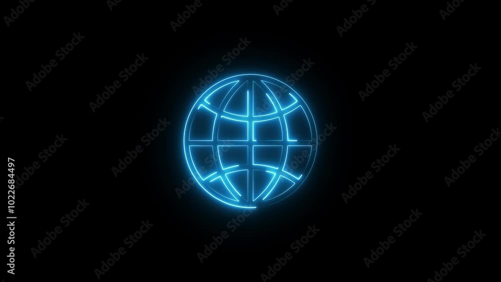 Neon globe icon cyan purple color glowing animation black background. Animated neon globe symbol. Neon globe icon cyan purple color glowing animation black background. Animated neon globe symbol.