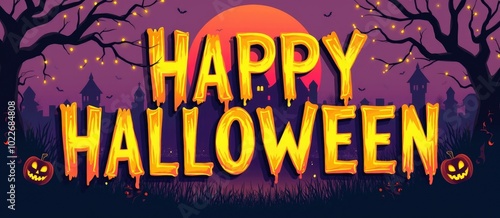 Halloween background with text Happy Halloween. Colorfull poster in cartoon style