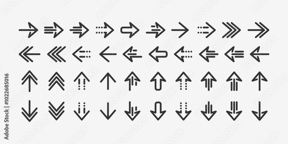 Naklejka premium A set of different navigation arrows. Arrows pointing in the direction. Simple icons. Arrow options.