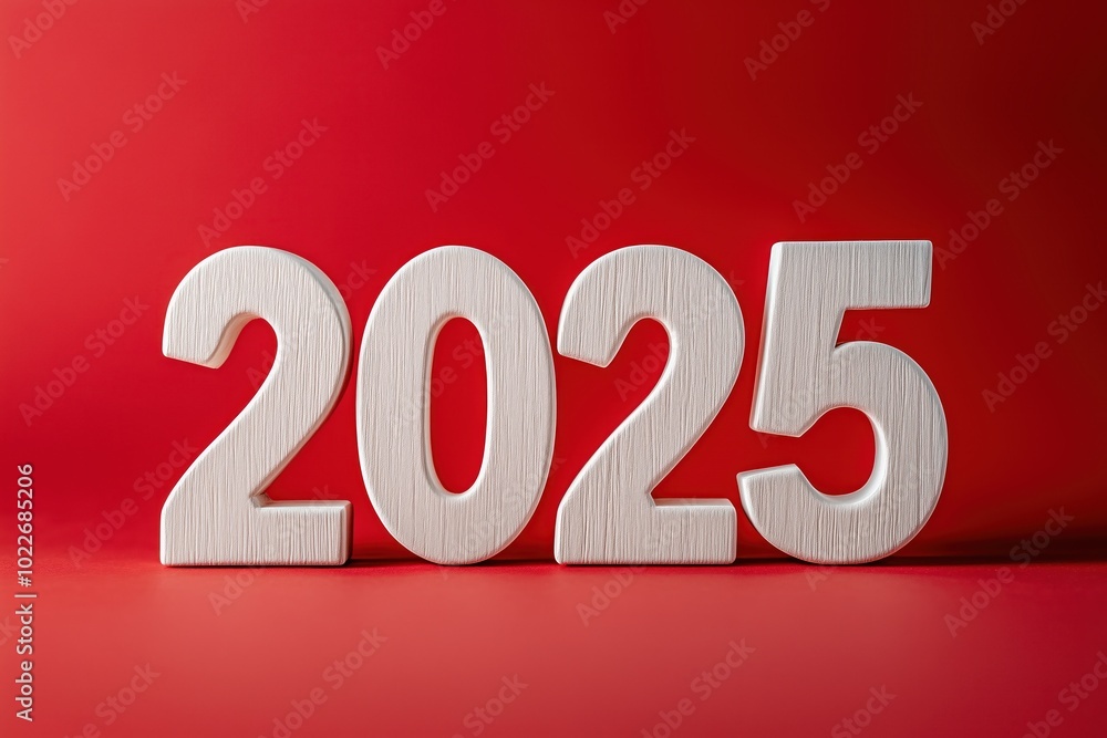 White 2025 Numbers on Vibrant Red Background for New Year Celebration White 2025 Numbers on Vibrant Red Background for New Year Celebration